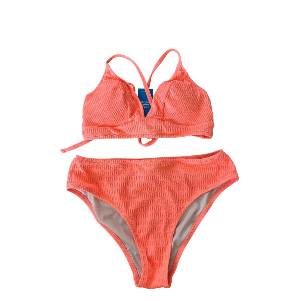 Cupshe Neon Coral Textured Smocked High Waisted Bikini Set Small